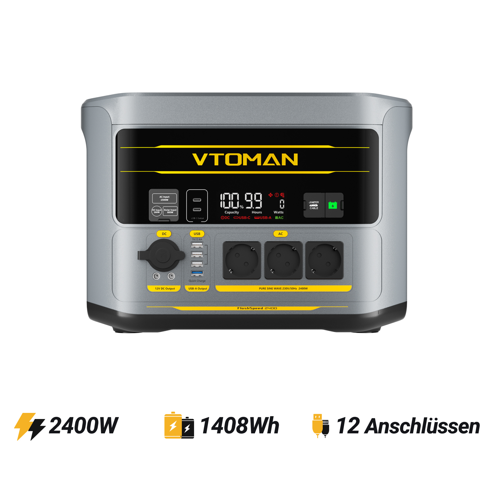 VTOMAN FlashSpeed 2400 bærbar powerstation 200W Pro solargenerator