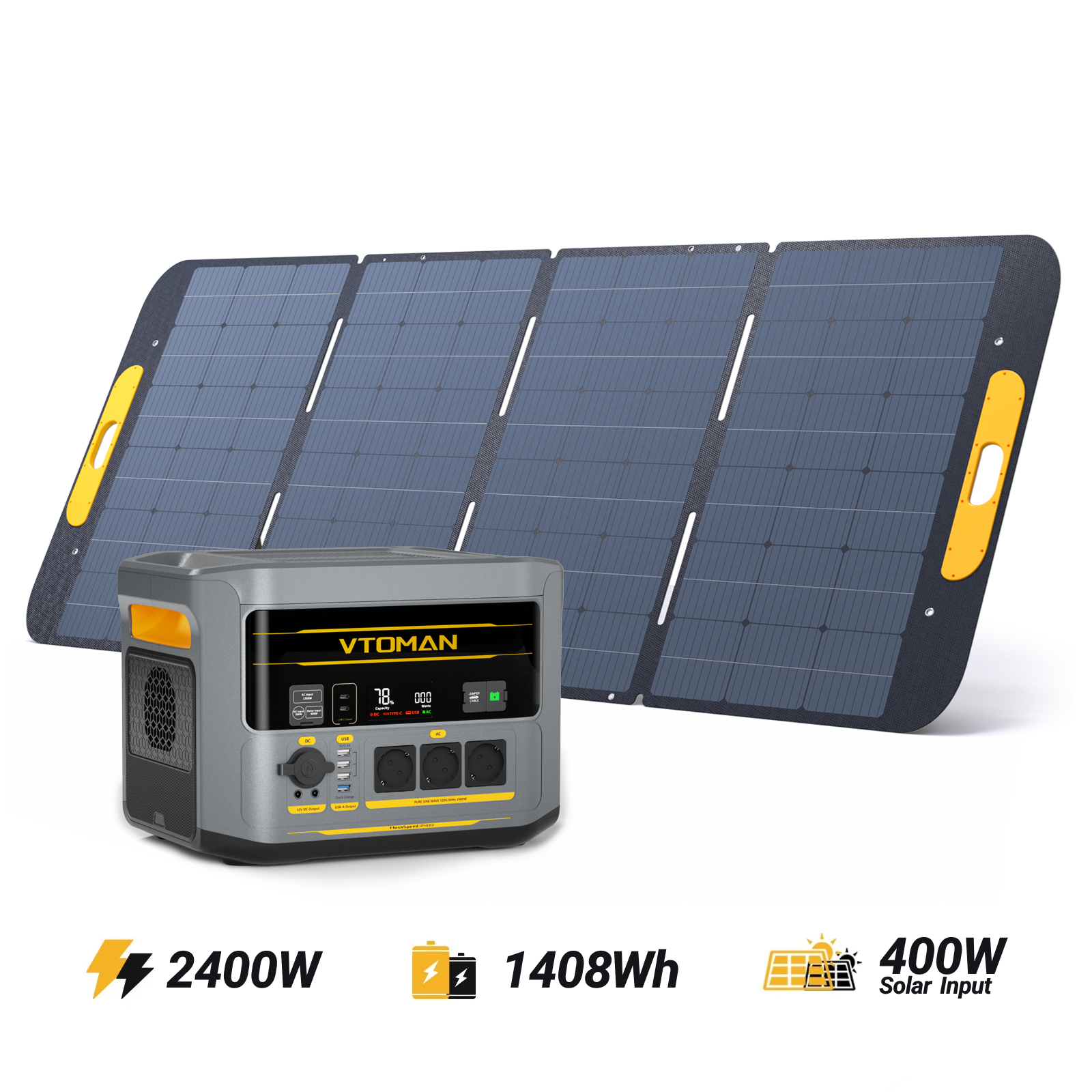 VTOMAN FlashSpeed 2400 bærbar powerstation 400W solargenerator