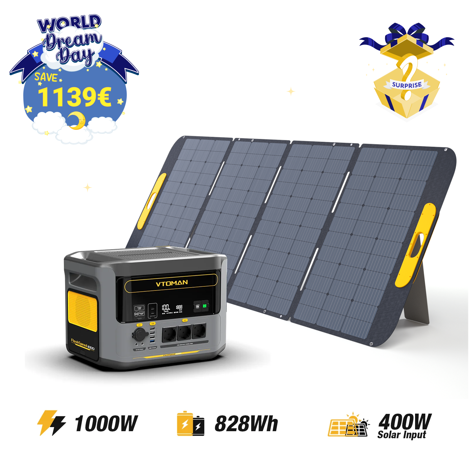 FlashSpeed 1000W/828Wh 400W Solar Generator