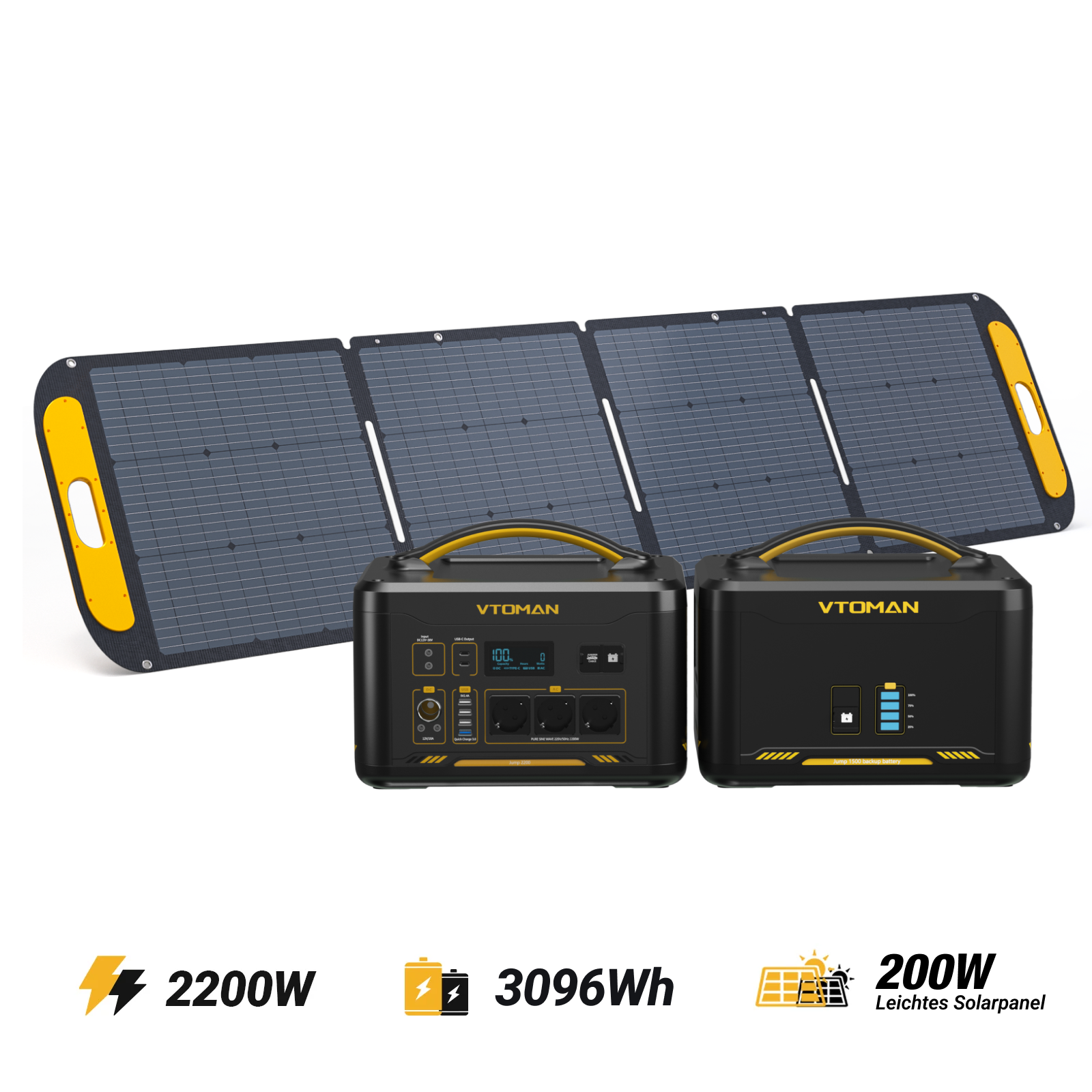 VTOMAN Jump 2200 Tragbare Powerstation+Zusatzbatterie+200W Leichtes Solarpanel